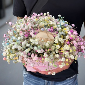 Композиция в коробке сердца из радужных гипсофил с топпером в Куровском