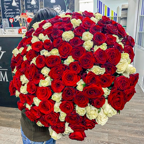Букет 151 роза красный и белый микс (60 см) в Куровском